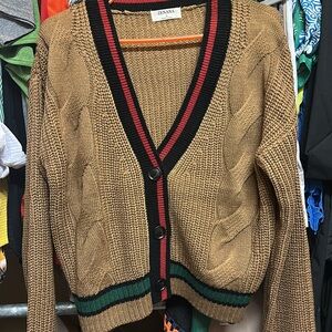 Zenana Outfitters Tan Cable Knit Cardigan with Black and Red Trim